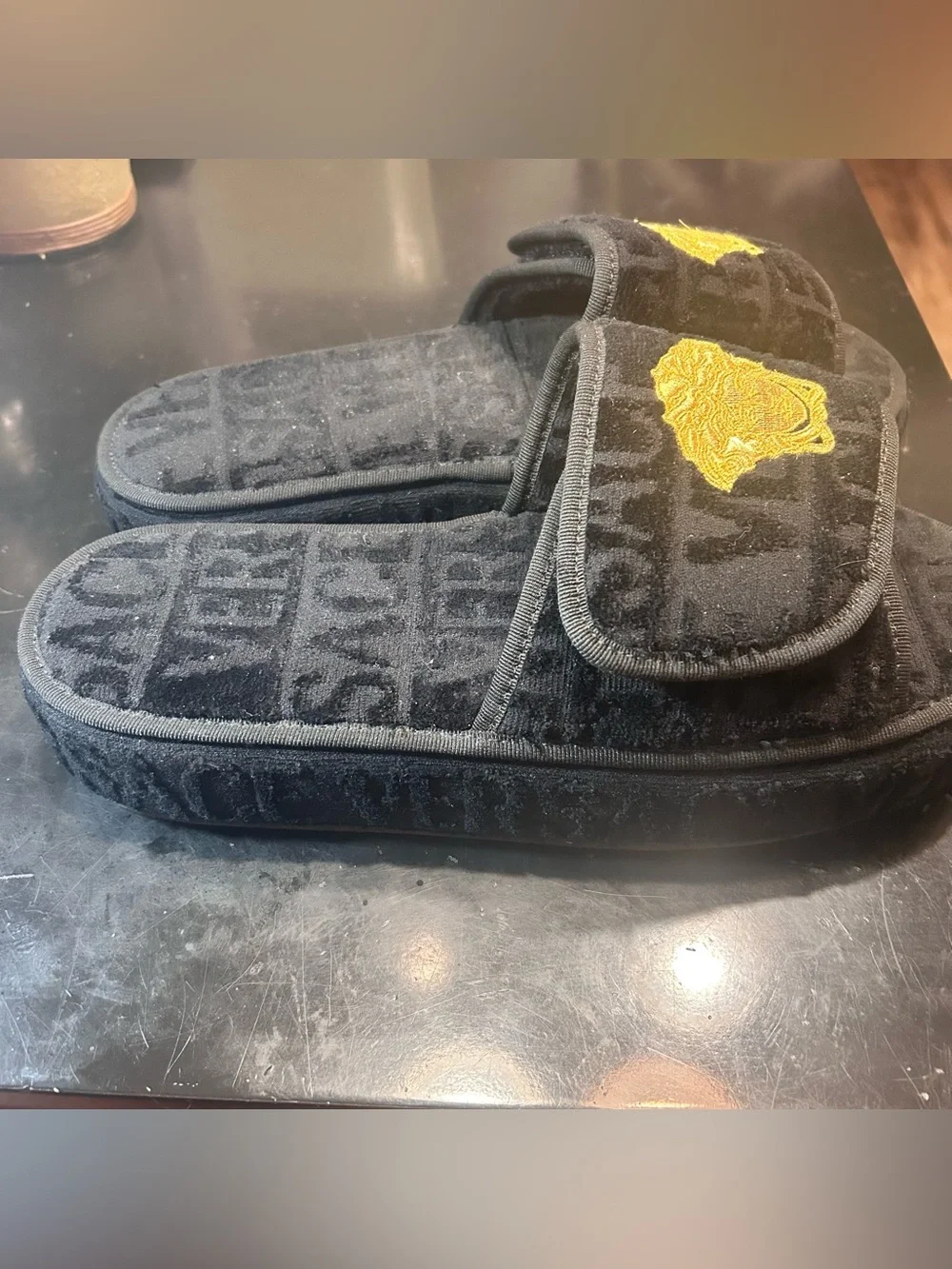 Versace Black Velour Terry Cloth Slide Sandals with Gold Medusa Embroidery